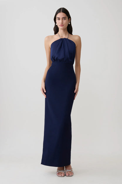 Elina Satin Necklace Maxi Dress Navy