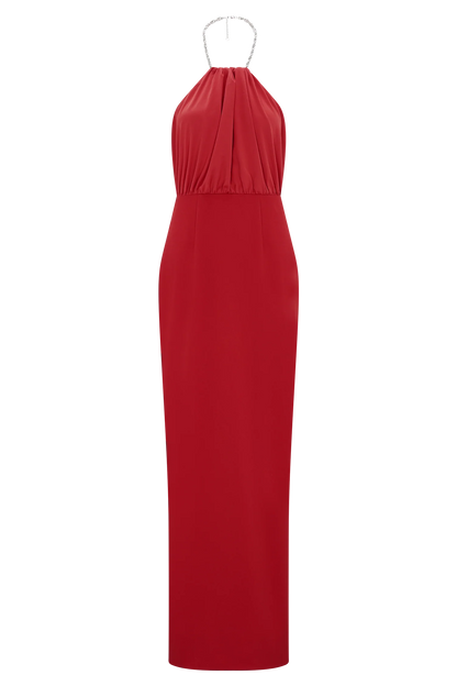 Elina Satin Necklace Maxi Dress Red