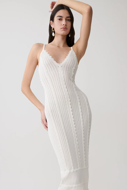 Cooper Scalloped Neckline Pointelle Midi Dress White