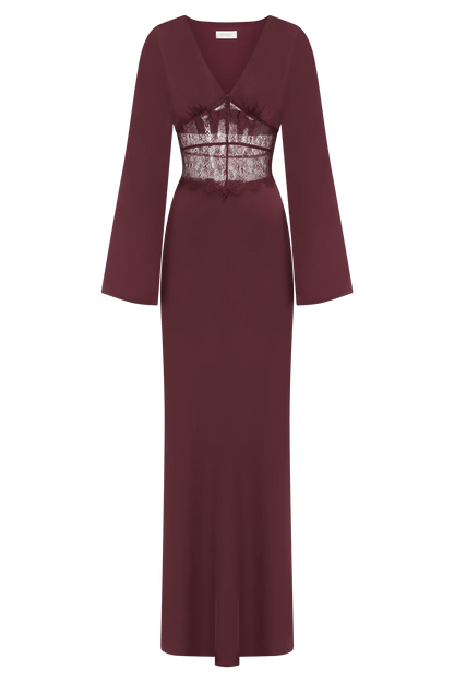 Kaya Long Sleeve Satin And Mesh Maxi Dress Wine