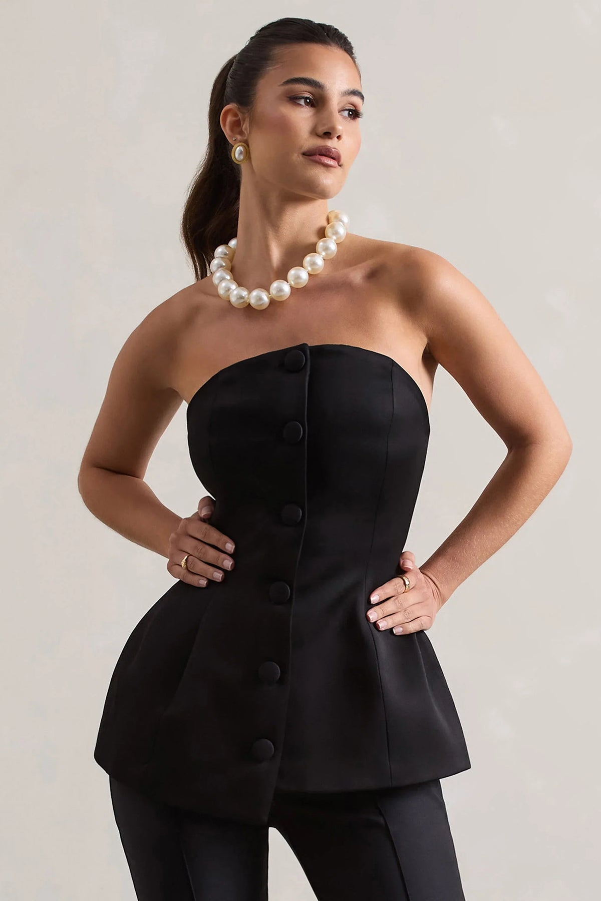 Century Black Satin Strapless Button Front Corset Top