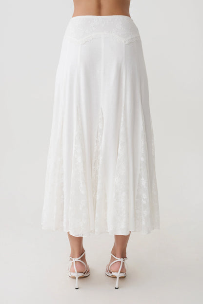 Skylar Lace Panelled Midi Skirt White