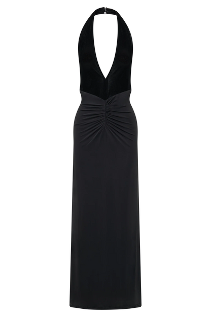 Lien Mesh Velvet Plunge Midi Dress Black
