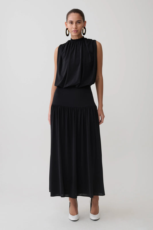True Drop Waist Gathered Midi Dress Black