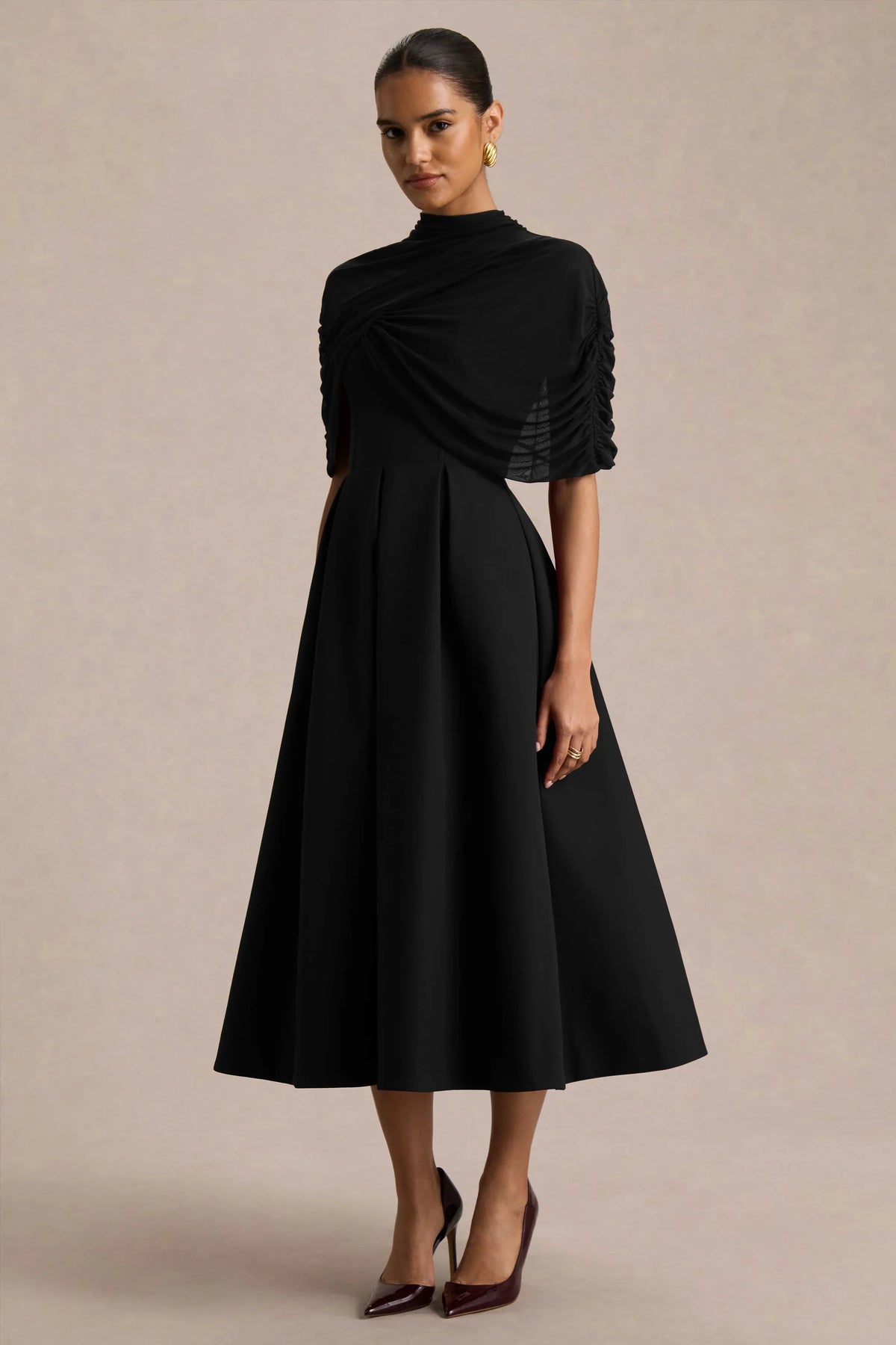 Thalia Black High Neck Midi Dress With Sheer Mesh Cape