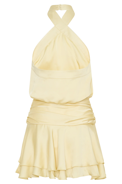 Poppy Satin Halter Mini Dress Lemon