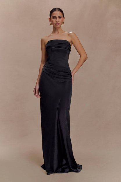 Jasmine Strapless Satin Maxi Dress Black