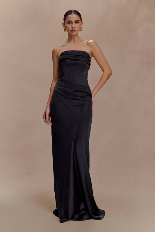 Jasmine Strapless Satin Maxi Dress Black