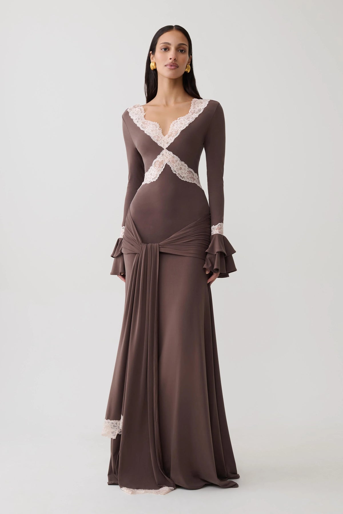 Electra Slinky Lace Maxi Dress Chocolate Ballet Pink