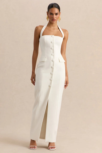 Steph White Halter Neck Tailored Maxi Dress