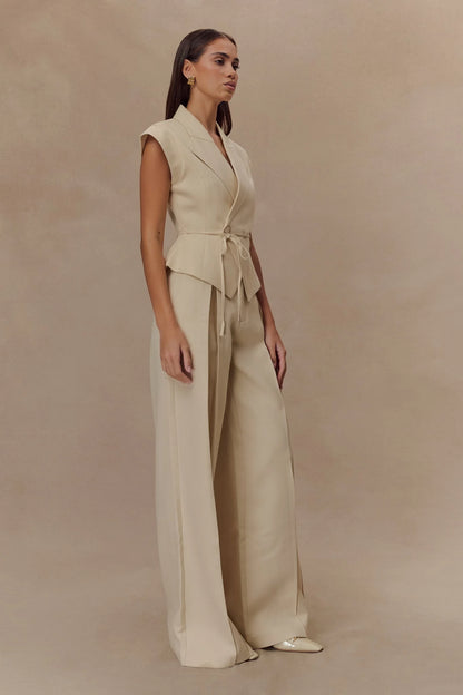 Raya Mid Rise Wide Leg Linen Pant Natural Beige