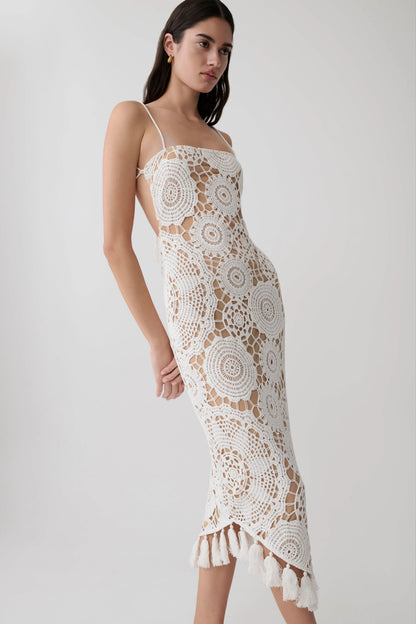 Delta Crochet Halter Midi Dress White