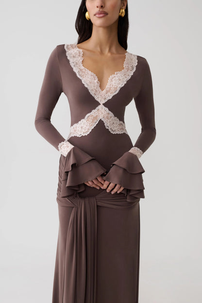 Electra Slinky Lace Maxi Dress Chocolate Ballet Pink