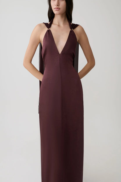 Myla Draped Shoulders Satin Maxi Dress Chocolate