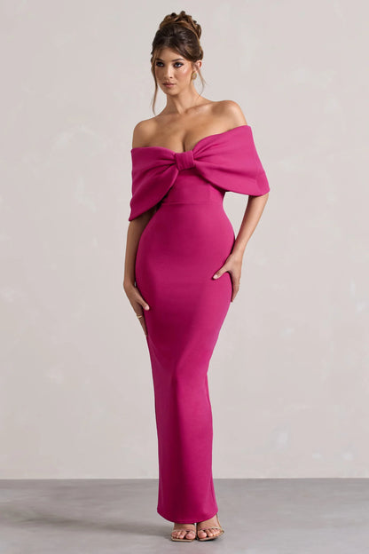 Cornelia Hot Pink Strapless Maxi Dress With Oversized Bow