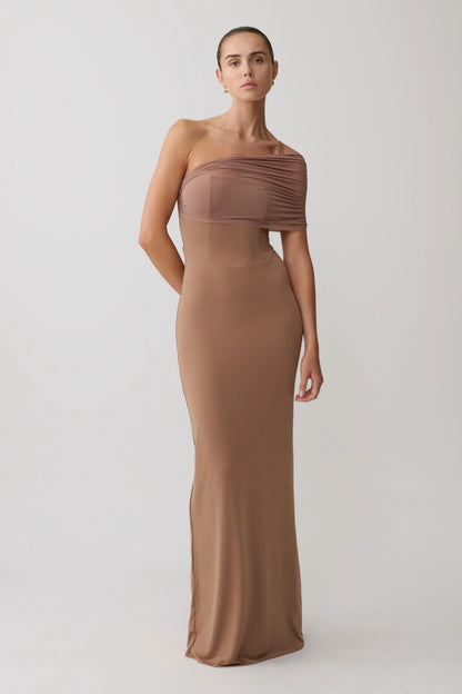 Hanh One Shoulder Mesh Maxi Dress Tan