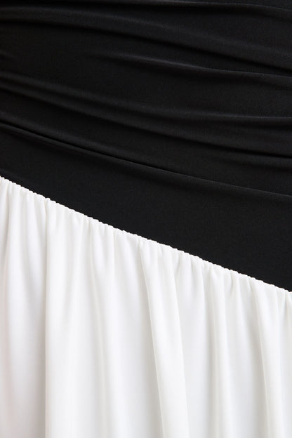 Danila Black And White Asymmetric Neck Maxi Dress With Drop Waist