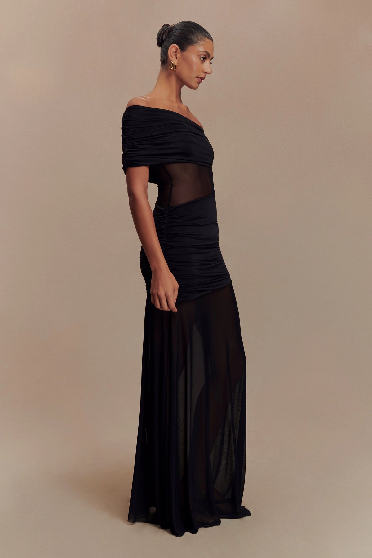 Dallas One Shoulder Mesh Maxi Dress Black