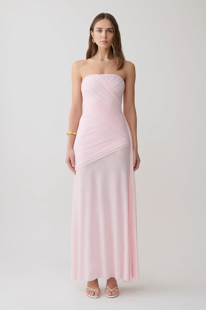 Monet Strapless Ruched Mesh Maxi Dress Ballet Pink