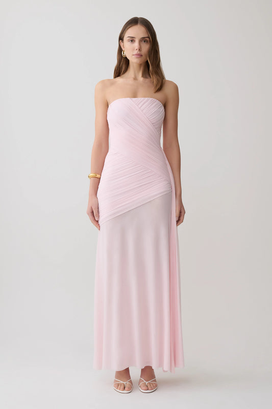 Monet Strapless Ruched Mesh Maxi Dress Ballet Pink