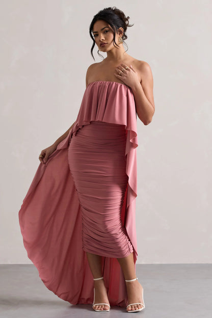 Upon A Time Blush Ruched Bandeau Midi Dress With Cape