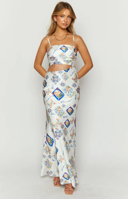 Willa White Satin Italia Print Maxi Dress