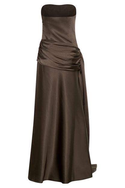 Sarah Strapless Maxi Dress With Waist Tie Mocha