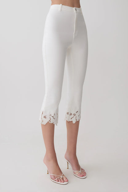 Tillie Flower Embroidery Denim Capris White