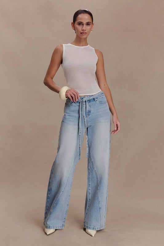 Perrie Mid Rise Straight Leg Tie Jeans Washed Light Blue
