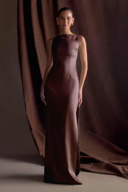 Violet Sleeveless Satin Maxi Dress Dark Chocolate