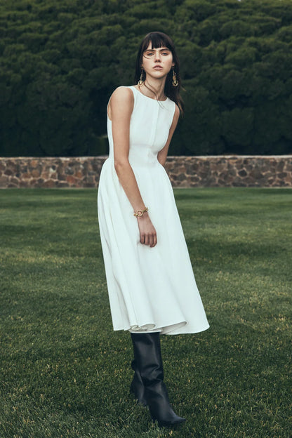 Monika Gathered Waist Cotton Midi Dress White