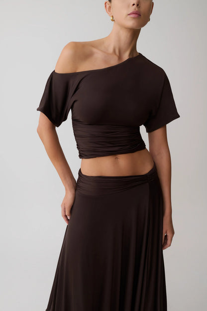 Luu Off Shoulder Slinky Top Dark Chocolate