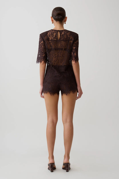 Harlyn Shoulder Pad Short Sleeve Lace Top Dark Chocolate