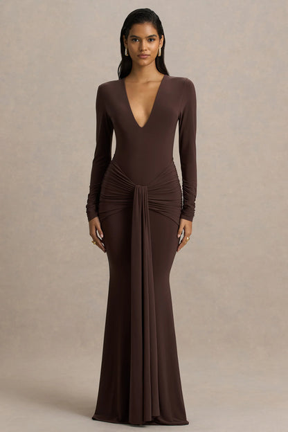 Saffie Chocolate Extreme Plunge Wrap Maxi Dress With Long Sleeves And Ruched Detailing