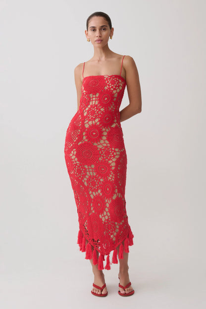 Delta Crochet Halter Midi Dress Red