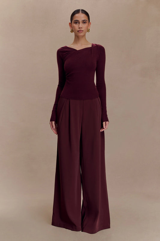 Culver Draped Twist Knit Top Wine