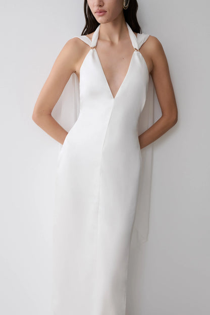 Myla Draped Shoulders Satin Maxi Dress White