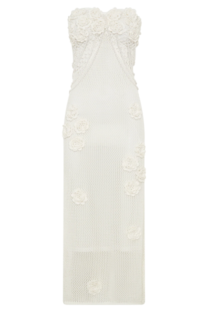 Samantha Crochet Midi Dress With Flowers Ivory