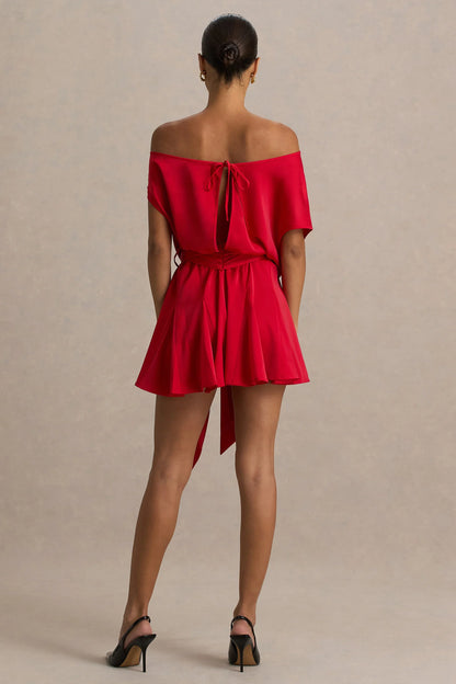 Clydie Red Satin Asymmetric Playsuit With Tie Waist