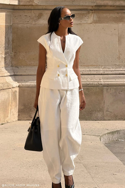 Oriana Linen Button Vest White