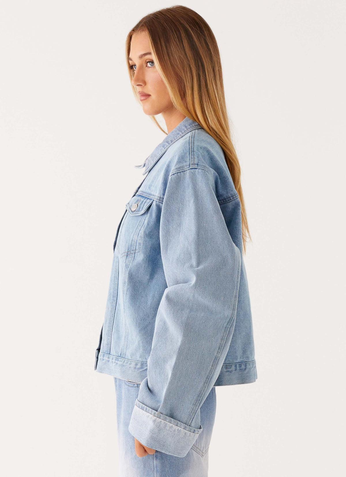 Back Again Oversized Denim Jacket Light Wash Blue