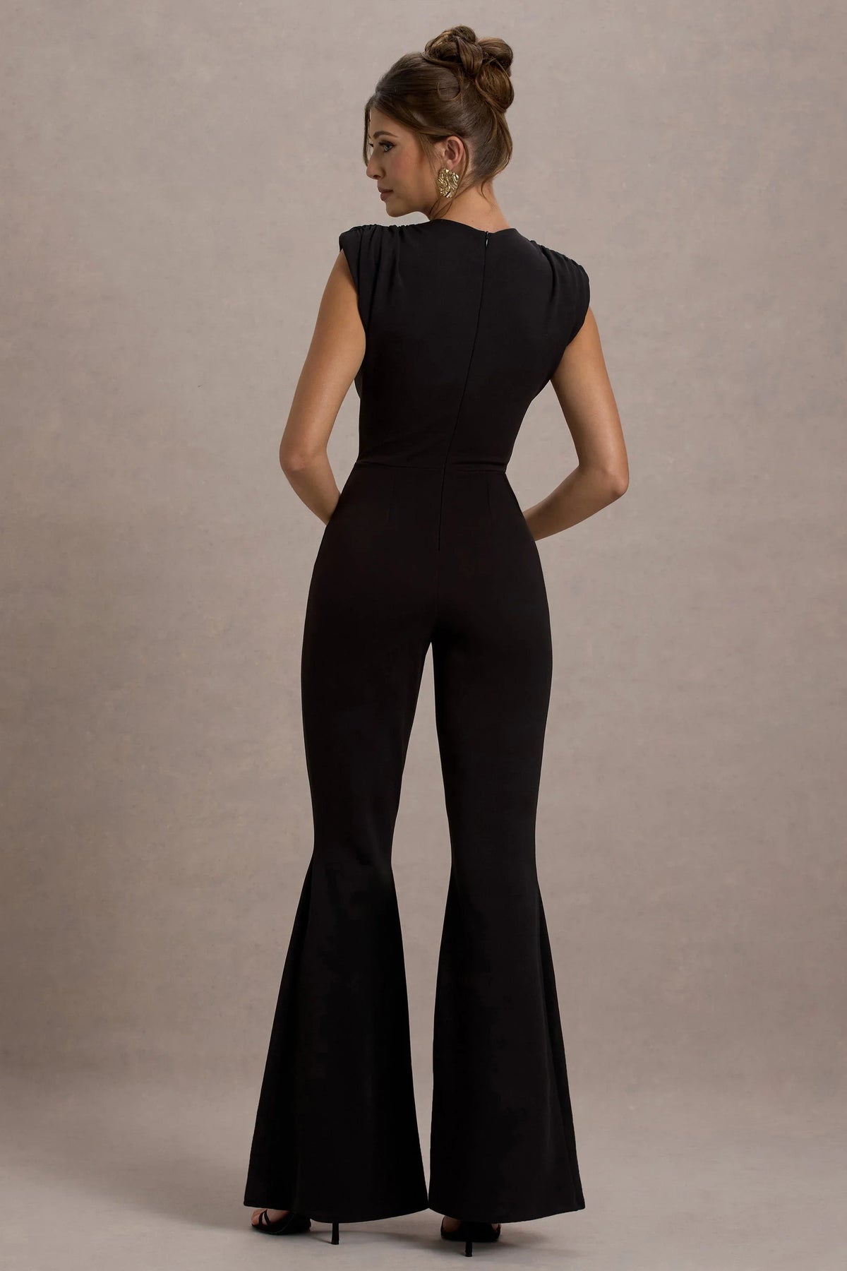 Elyna Black High Neck Draped Flared Leg Jumpsuit