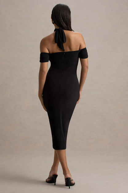 Selvina Black Cut Out Halter Neck Midi Dress