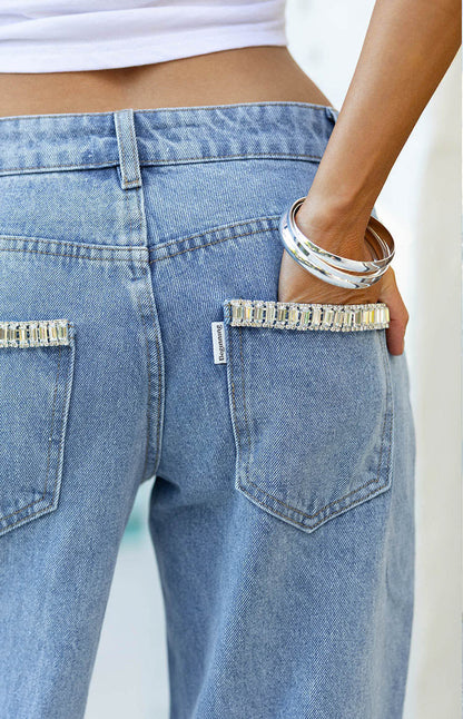 Kavira Light Wash Denim Diamante Trim Low Rise Jeans
