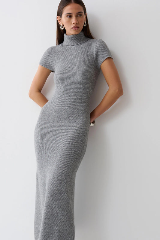Goldie High Neck Knit Midi Dress Grey Marle