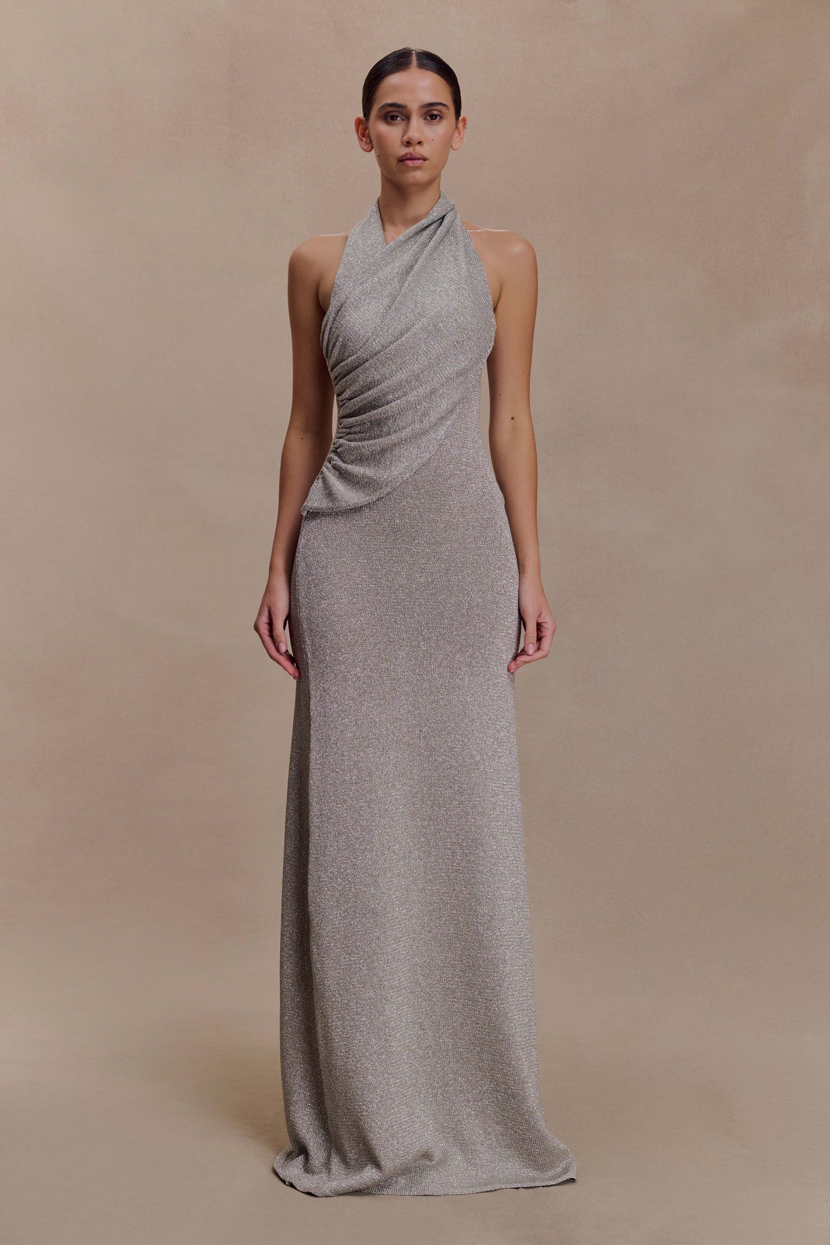 Elma Lurex Knit Halter Maxi Dress Silver