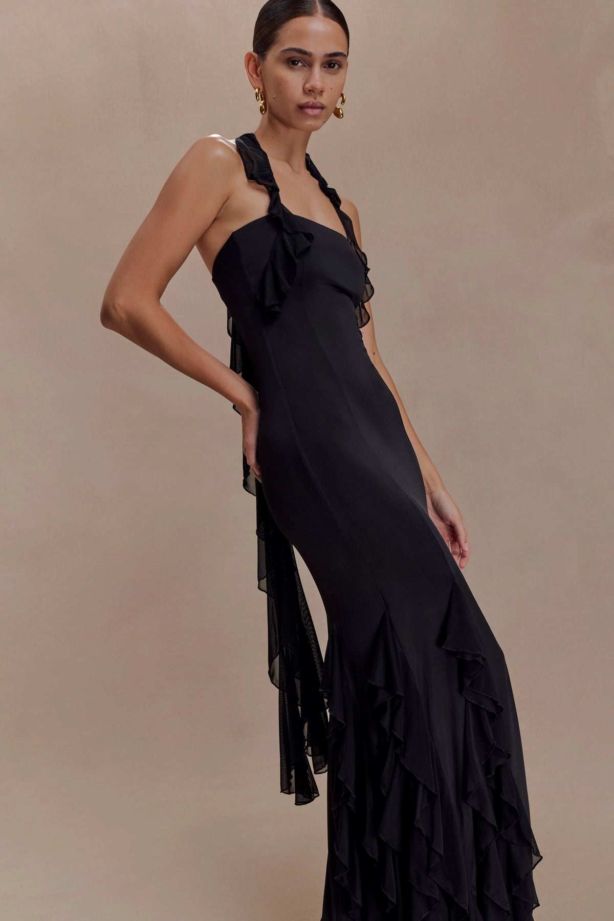Etta Ruffle Slinky Maxi Dress Black