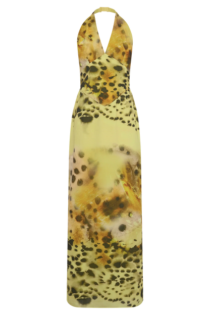 Valentina Chiffon Halter Maxi Dress Yellow Floral Leopard Print