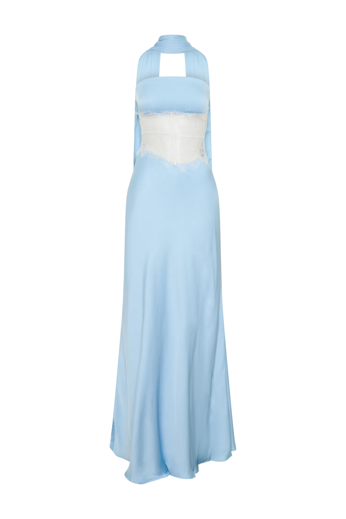 Pilar Strapless Satin And Lace Maxi Dress Cornflower Blue