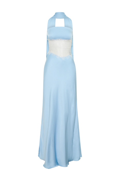 Pilar Strapless Satin And Lace Maxi Dress Cornflower Blue